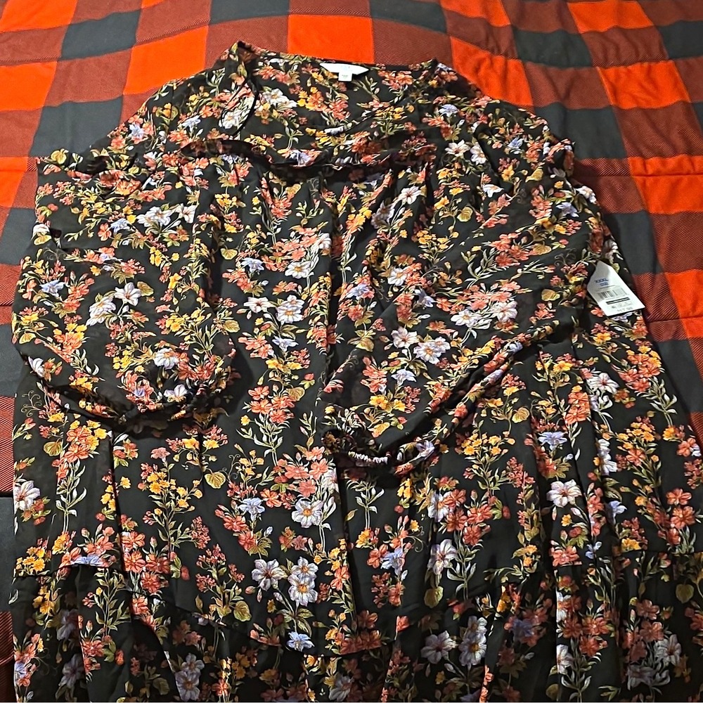 Time and Tru Black Multicolor Floral Ruffle Trapeze & Swing Dress XXXL